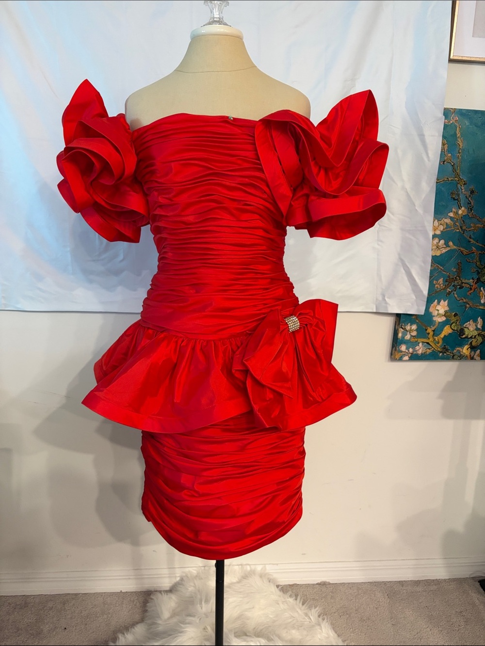 Vintage Julie Duroche Red Off-Shoulder Ruffled Cocktail Dress